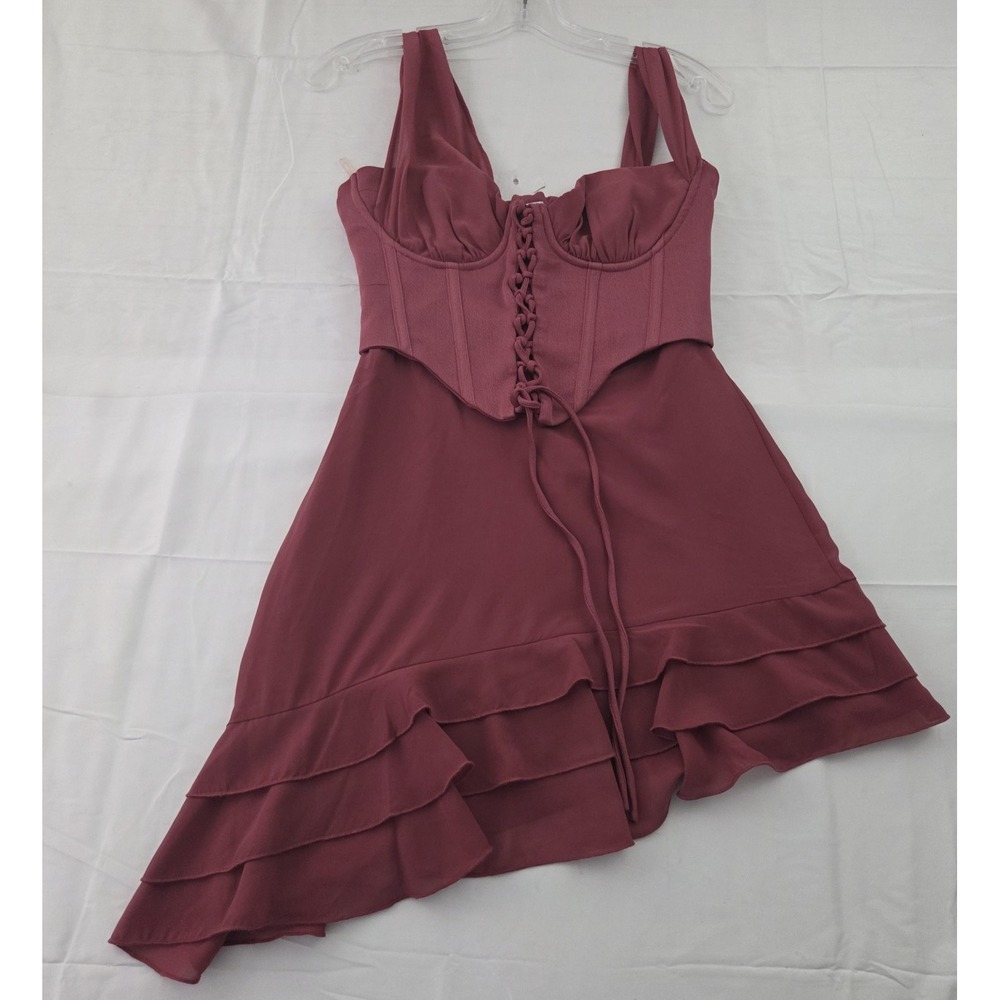 Oh Polly Dress Womens 4 Mauve Corset Lace Up Ruffle Mini Coquette Fairycore